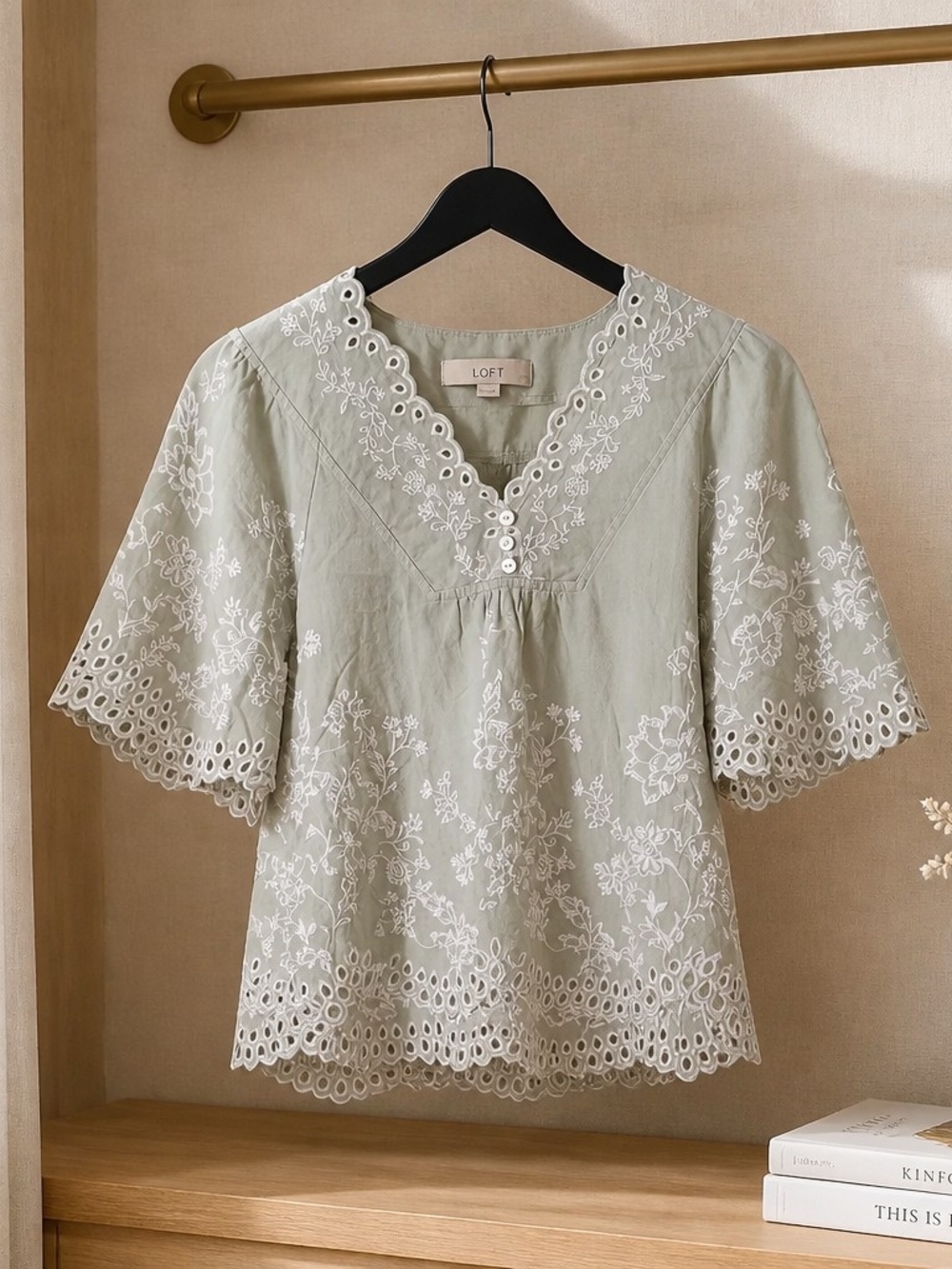 LOFT Sage Green Eyelet Embroidered V-Neck Top